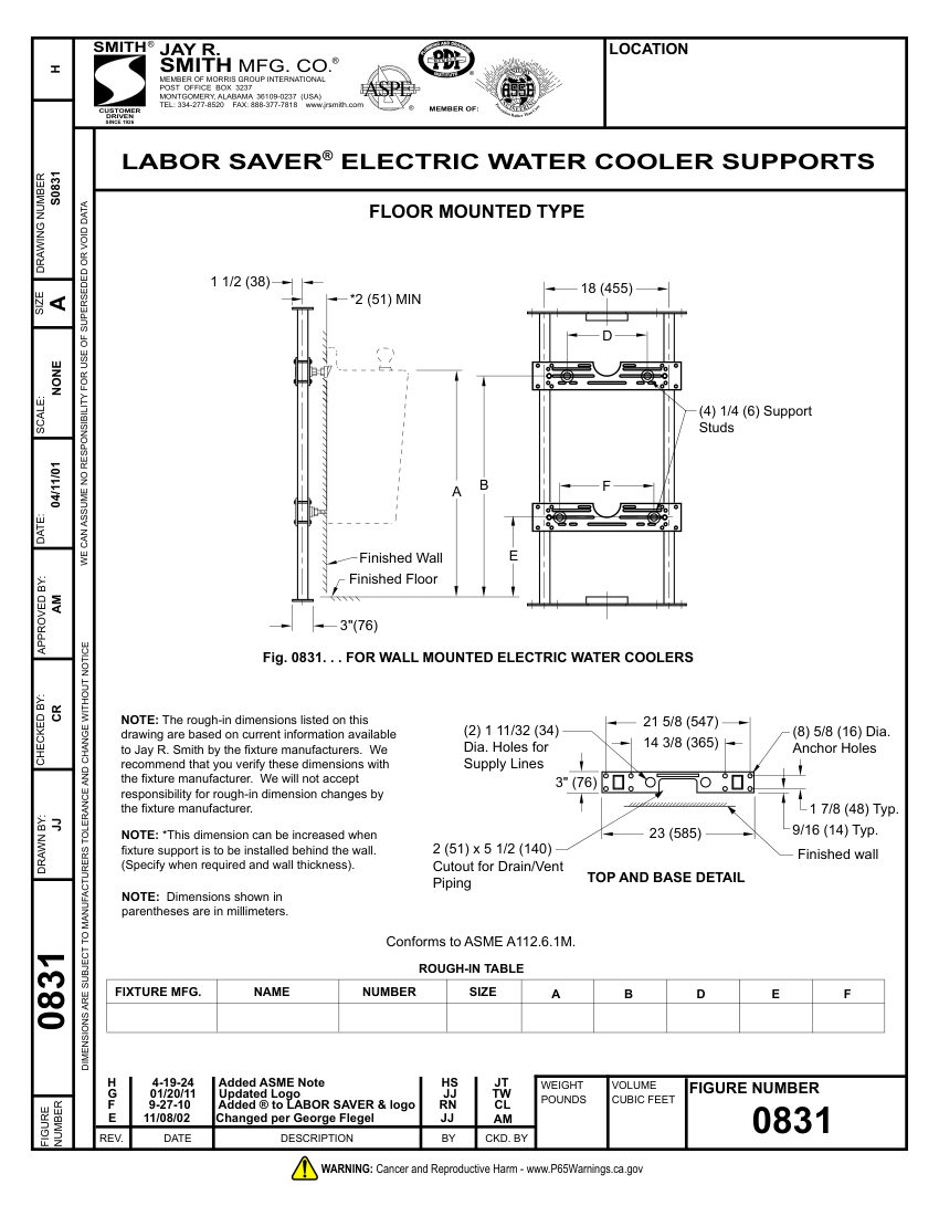 Jay R. Smith 0831 Support - Jay R. Smith Mfg. Co. cut sheet — first page