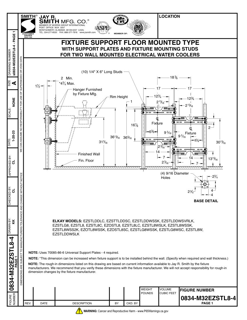 Jay R. Smith 0834-M32EZSTL8-4 Support cut sheet — first page