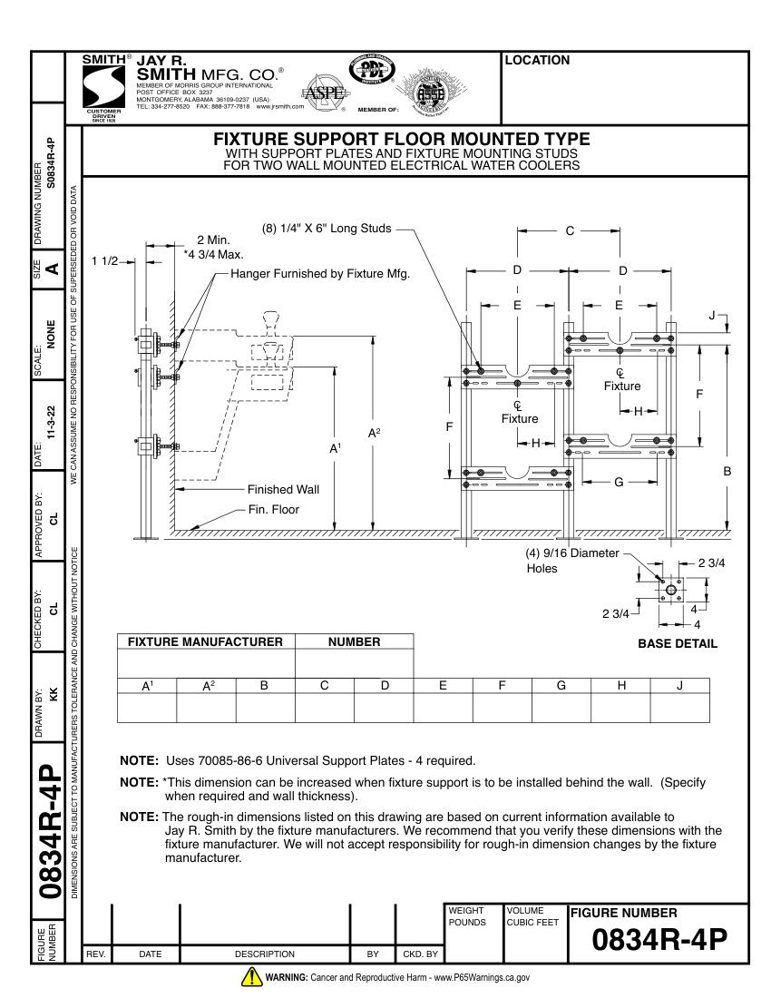 Jay R. Smith 0834R-4P Support - Jay R. Smith Mfg. Co. cut sheet — first page