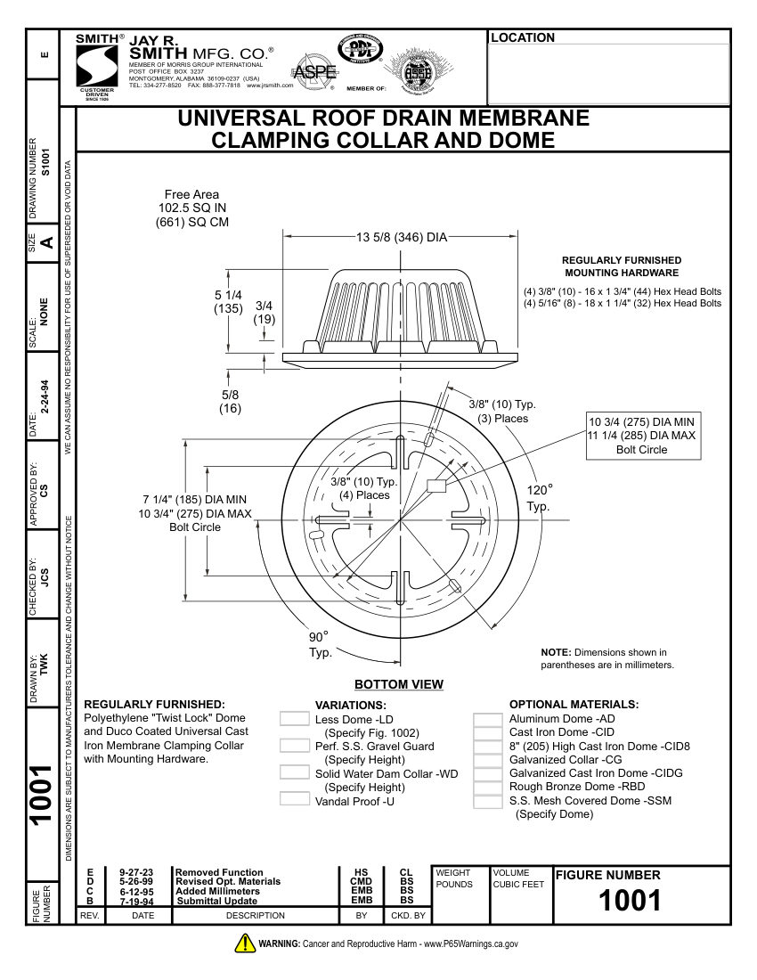 Jay R. Smith 1001 Roof Drain - Jay R. Smith Mfg. Co. cut sheet — first page