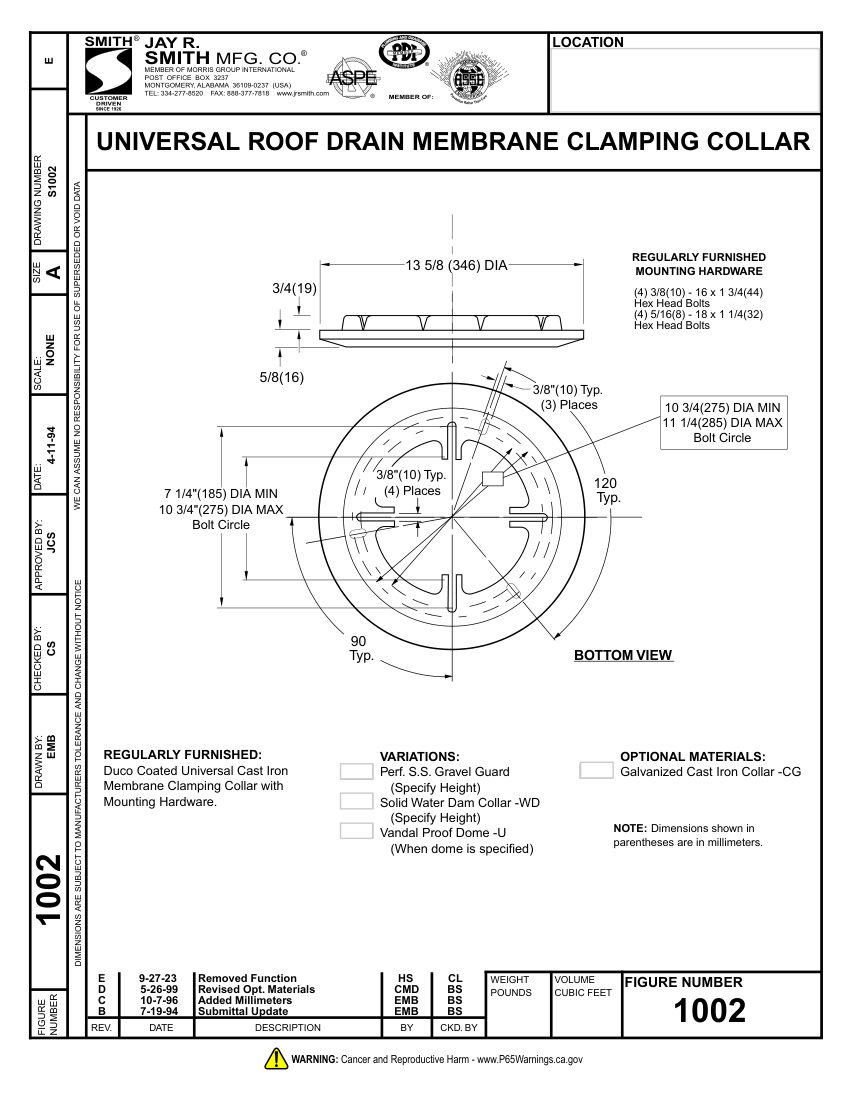 Jay R. Smith 1002 Roof Drain - Jay R. Smith Mfg. Co. cut sheet — first page