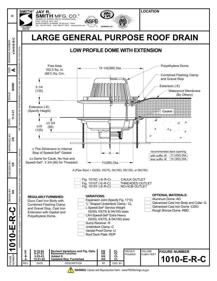 Jay R. Smith 1010-E-R-C Roof Drain - Jay R. Smith Mfg. Co cut sheet — first page