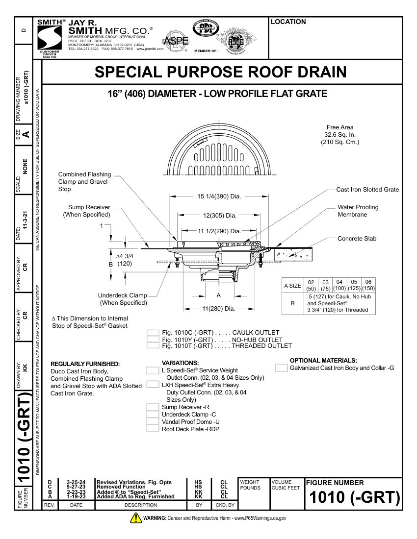 Jay R. Smith 1010-GRT Roof Drain - Jay R. Smith Mfg. Co. cut sheet — first page