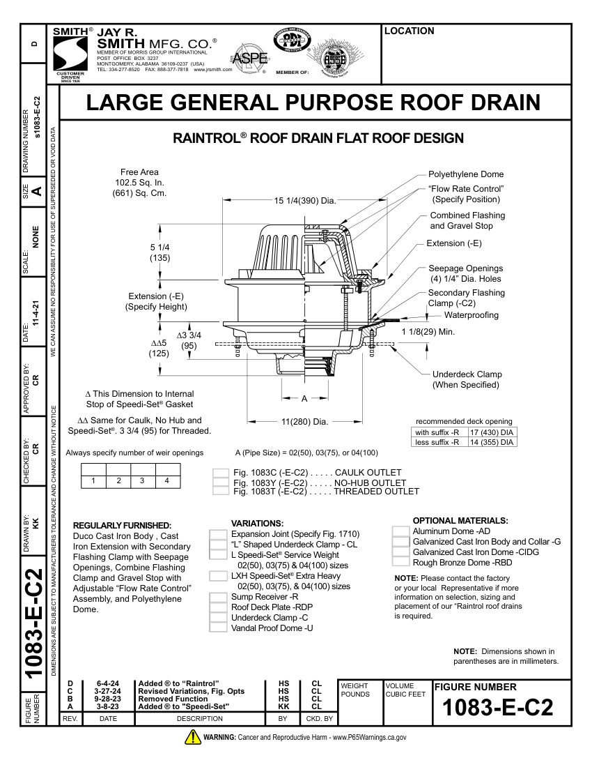 Jay R. Smith 1083-E-C2 Roof Drain - Jay R. Smith Mfg. Co. cut sheet — first page