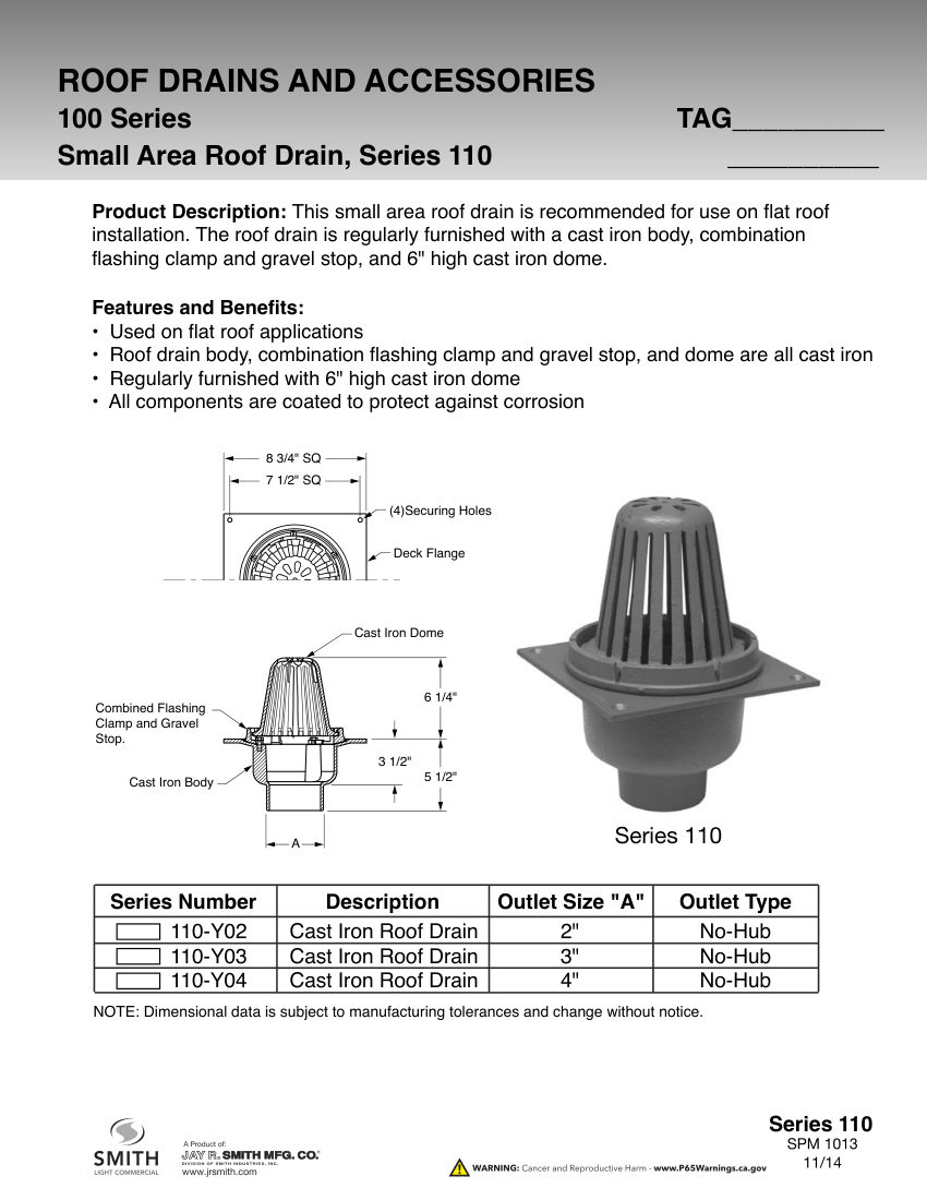 Jay R. Smith 110 Series Small Area Roof Drain - Jay R. Smith Mf cut sheet — first page