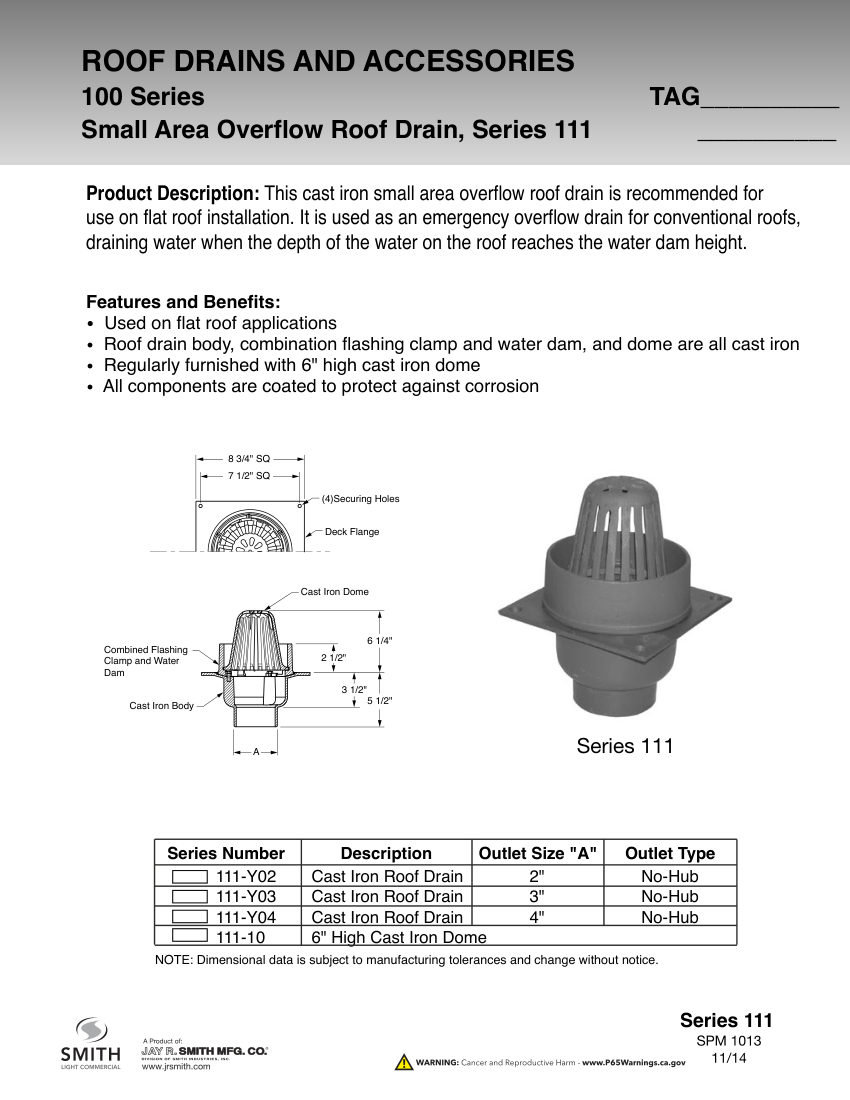 Jay R. Smith 111 Small Area Overflow Roof Drain - Jay R. Smith cut sheet — first page