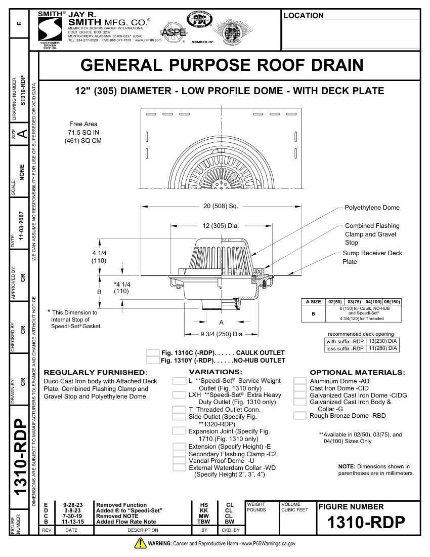 Jay R. Smith 1310-RDP Roof Drain - Jay R. Smith Mfg. Co. cut sheet — first page
