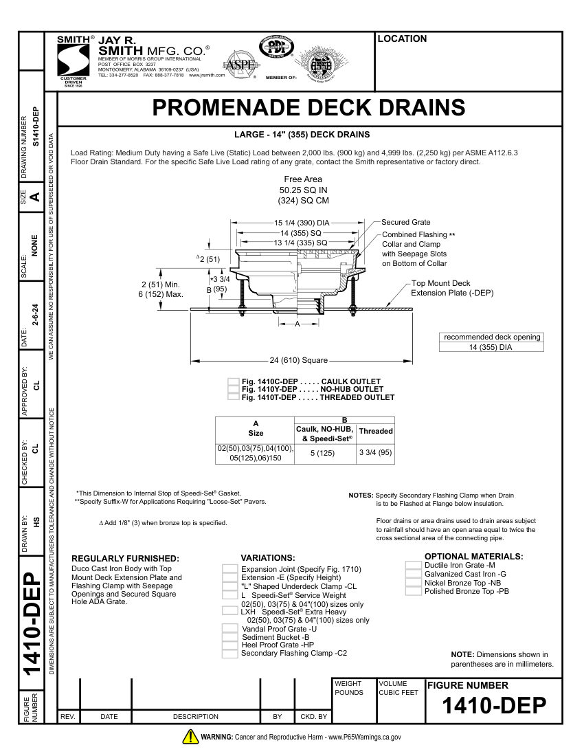 Jay R. Smith 1410-DEP Drain - Jay R. Smith Mfg. Co. cut sheet — first page