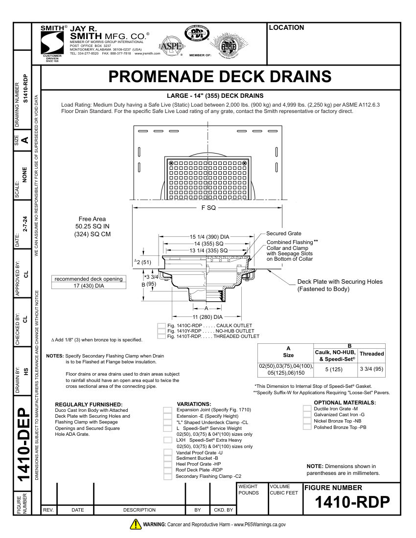 Jay R. Smith 1410-RDP Drain - Jay R. Smith Mfg. Co. cut sheet — first page
