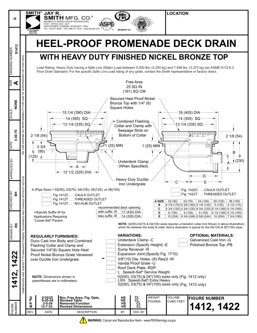 Jay R. Smith 1412, 1422 Roof Drain - Jay R. Smith Mfg. Co cut sheet — first page