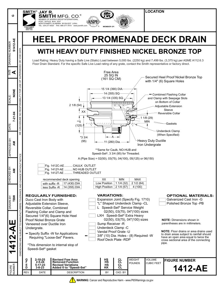 Jay R. Smith 1412-AE Roof Drain - Jay R. Smith Mfg. Co. cut sheet — first page