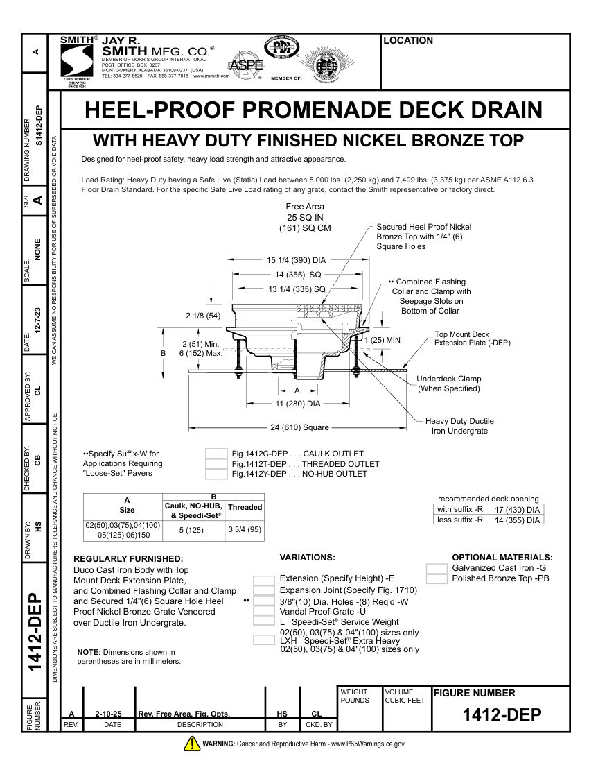 Jay R. Smith 1412-DEP Drain - Jay R. Smith Mfg. Co. cut sheet — first page