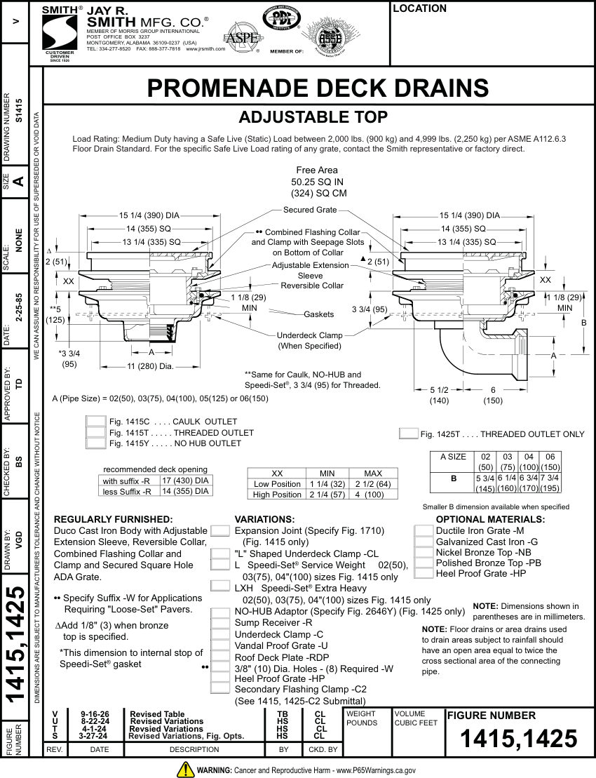 Jay R. Smith 1415, 1425 Roof Drain - Jay R. Smith Mfg. Co cut sheet — first page