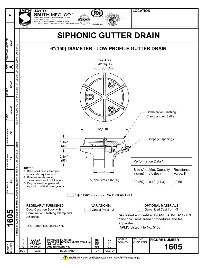 Jay R. Smith 1605Y Roof Drain - Jay R. Smith Mfg. Co. cut sheet — first page