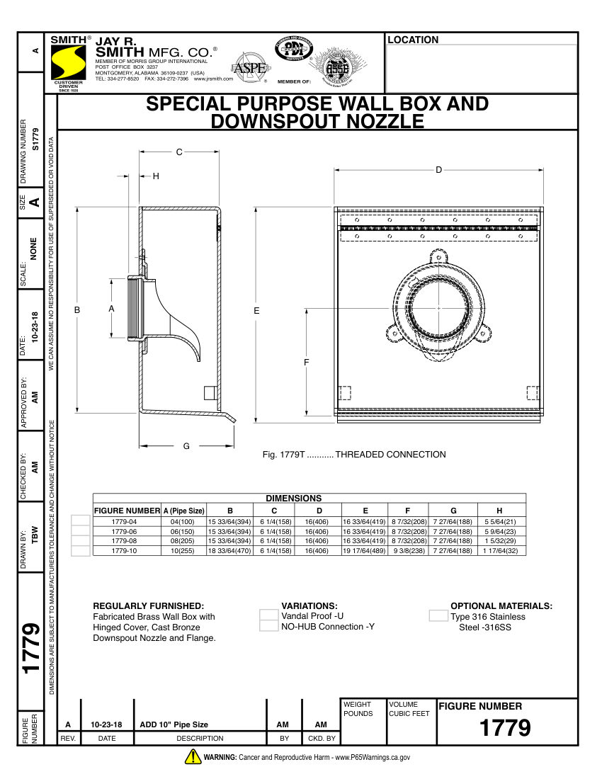 Jay R. Smith 1779 Wall Box and Downspout Nozzle - Jay R. Smith cut sheet — first page