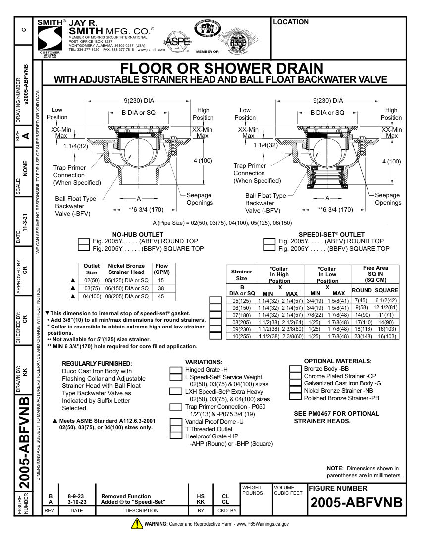 Jay R. Smith 2005-ABFVNB Floor Drain cut sheet — first page