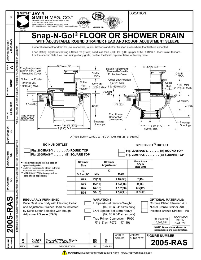 Jay R. Smith 2005-RAS Series Drain - Jay R. Smith Mfg. Co cut sheet — first page