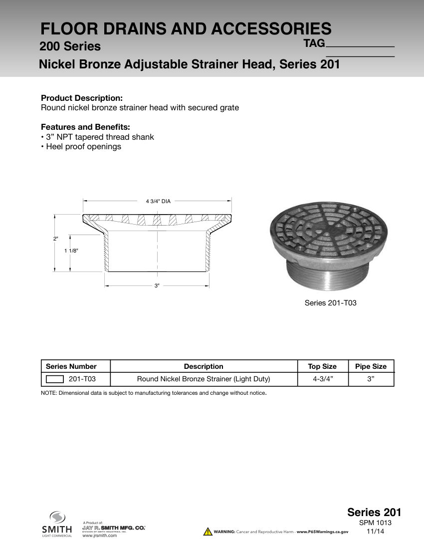Jay R. Smith 201 Adjustable Strainer Head - Jay R. Smith Mfg. C cut sheet — first page