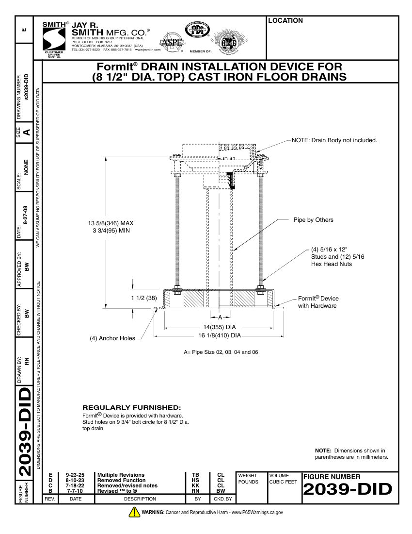 Jay R. Smith 2039-DID Floor Drain - Jay R. Smith Mfg. Co. cut sheet — first page