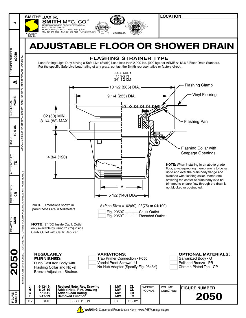Jay R. Smith 2050 Floor Drain - Jay R. Smith Mfg. Co. cut sheet — first page
