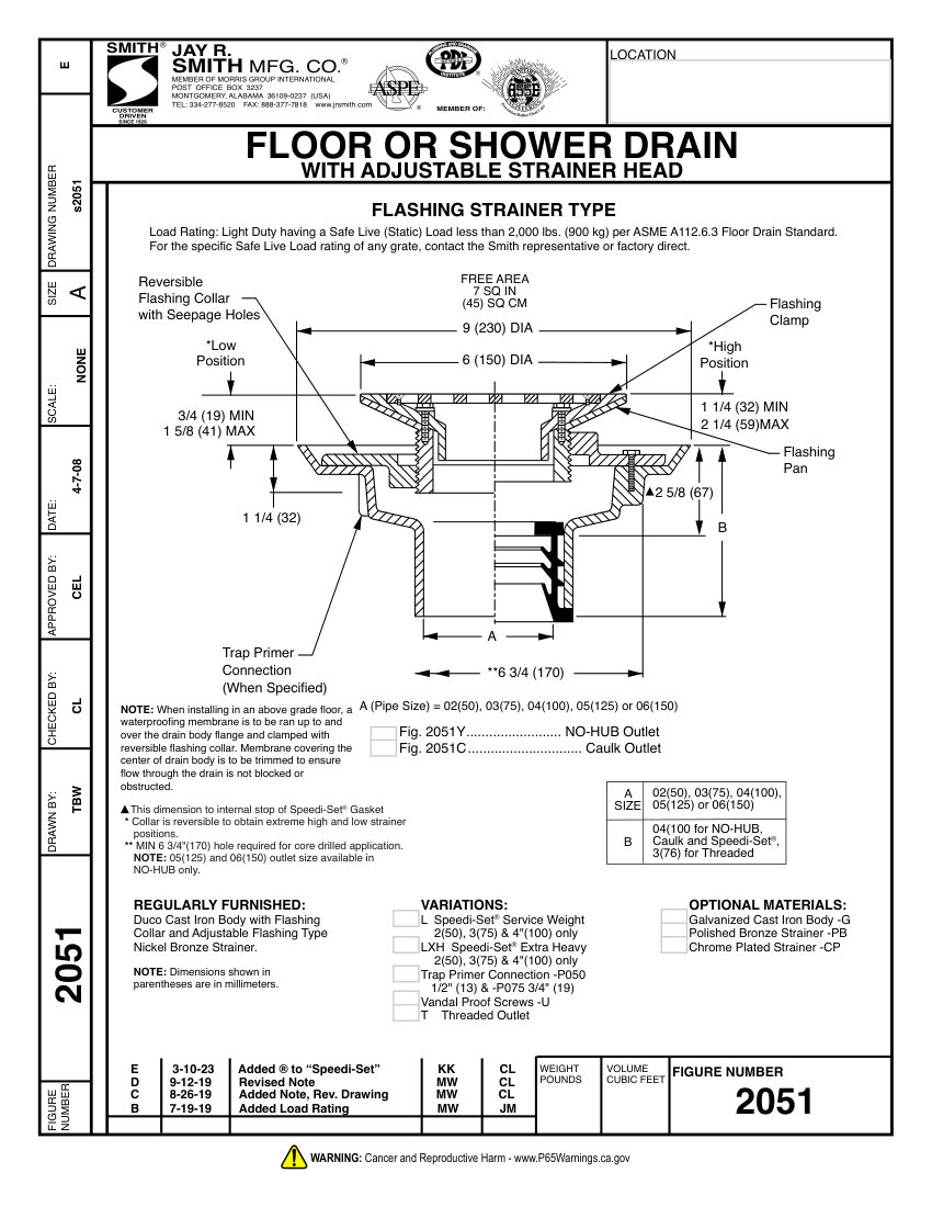 Jay R. Smith 2051 Floor Drain - Jay R. Smith Mfg. Co. cut sheet — first page