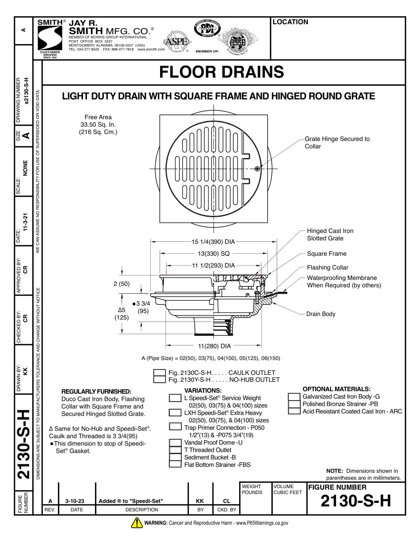 Jay R. Smith 2130-S-H Floor Drain - Jay R. Smith Mfg. Co. cut sheet — first page