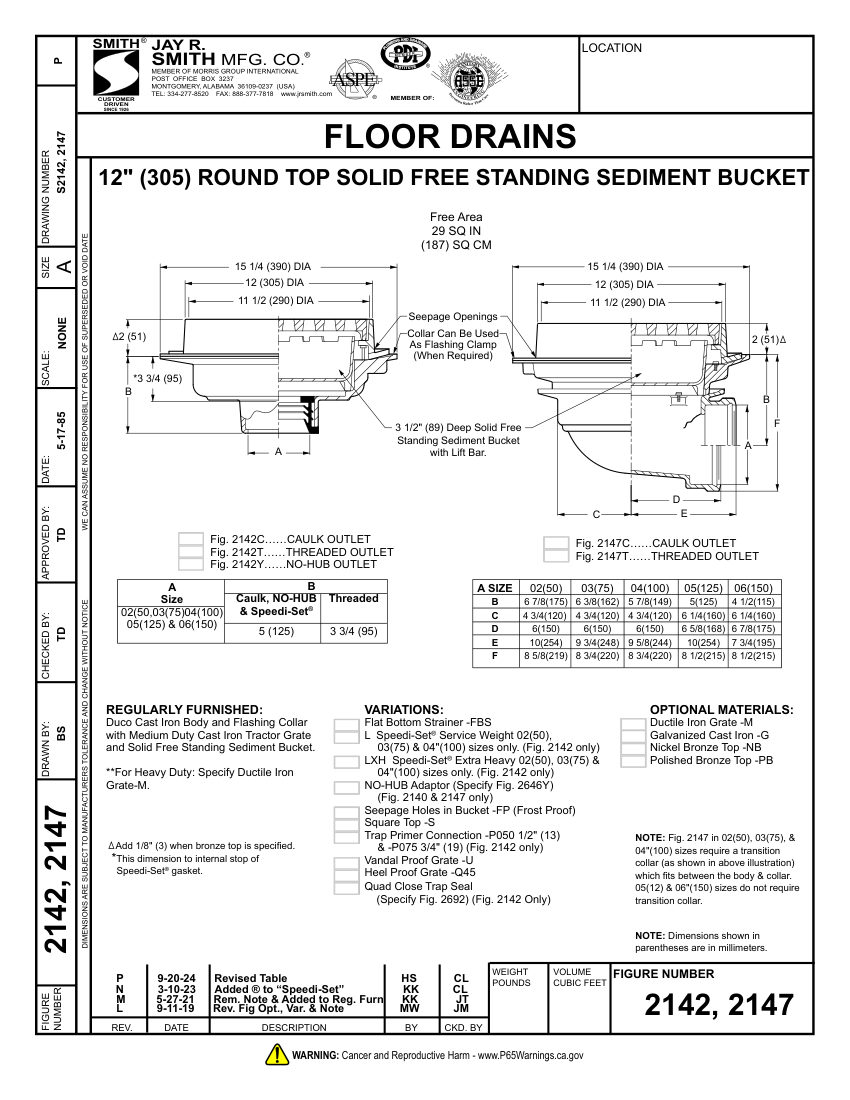 Jay R. Smith 2142, 2147 Floor Drain - Jay R. Smith Mfg. C cut sheet — first page