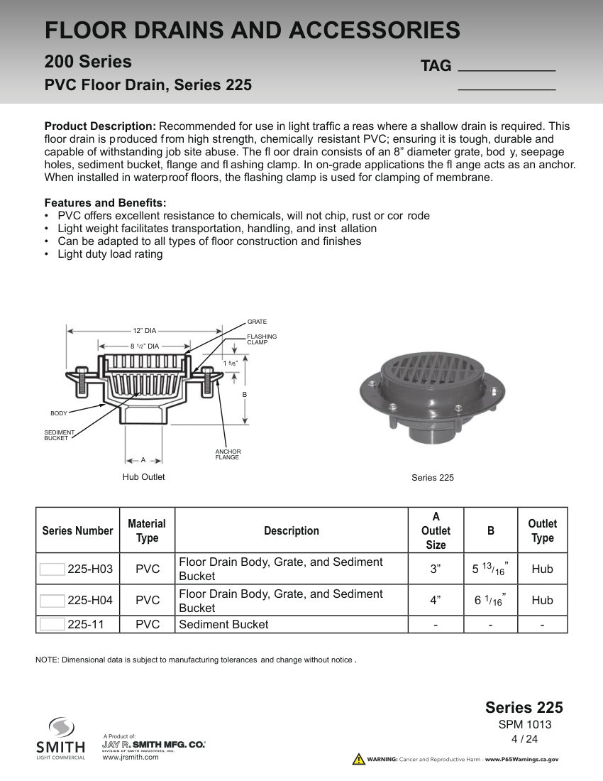 Jay R. Smith 225 Floor Drain - Jay R. Smith Mfg. Co. cut sheet — first page