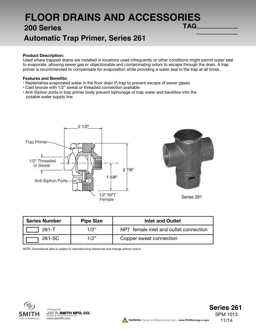Jay R. Smith 261 Automatic Trap Primer - Jay R. Smith Mfg. Co. cut sheet — first page