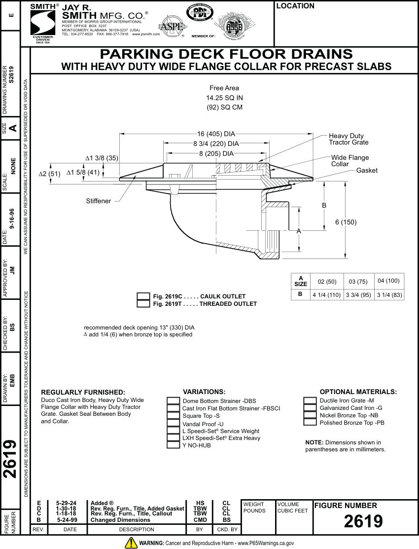 Jay R. Smith 2619 Floor Drain - Jay R. Smith Mfg. Co. cut sheet — first page