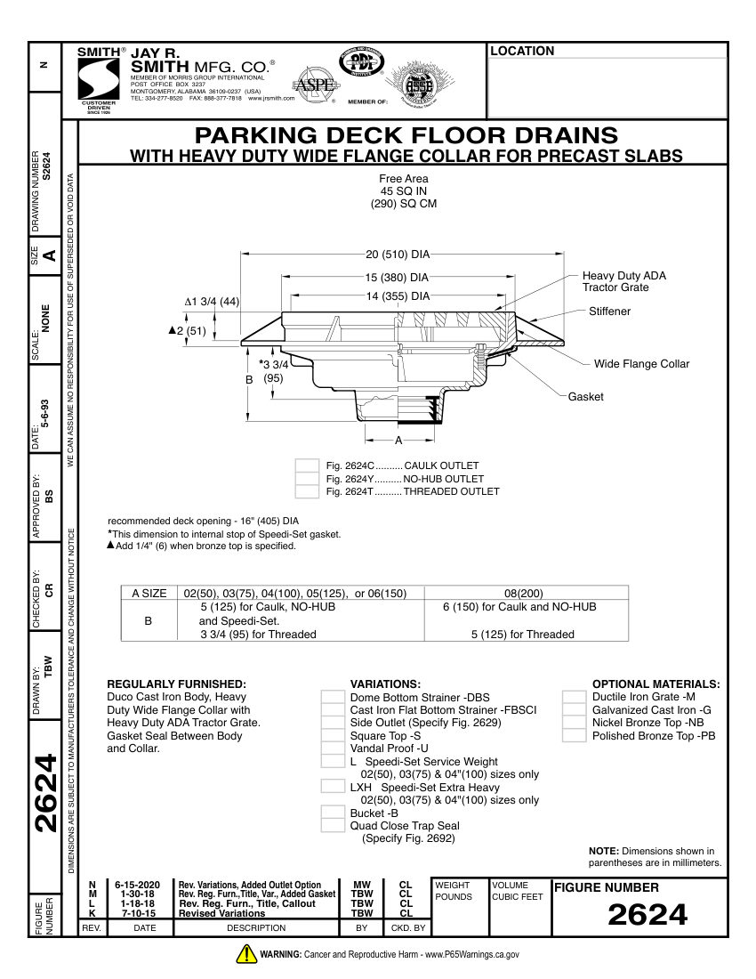 Jay R. Smith 2624 Floor Drain - Jay R. Smith Mfg. Co. cut sheet — first page