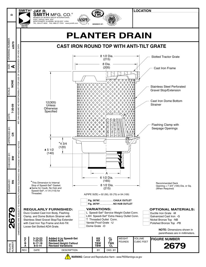 Jay R. Smith 2679 Floor Drain - Jay R. Smith Mfg. Co. cut sheet — first page