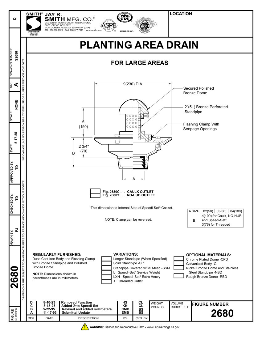 Jay R. Smith 2680 Floor Drain - Jay R. Smith Mfg. Co. cut sheet — first page