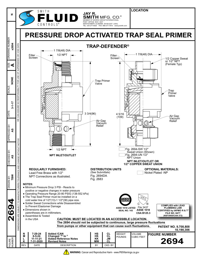 Jay R. Smith 2694 Trap Primer - Jay R. Smith Mfg. Co. cut sheet — first page