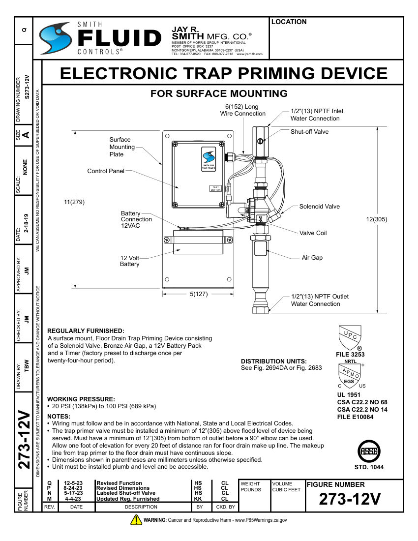 Jay R. Smith 273-12V Trap Primer - Jay R. Smith Mfg. Co. cut sheet — first page