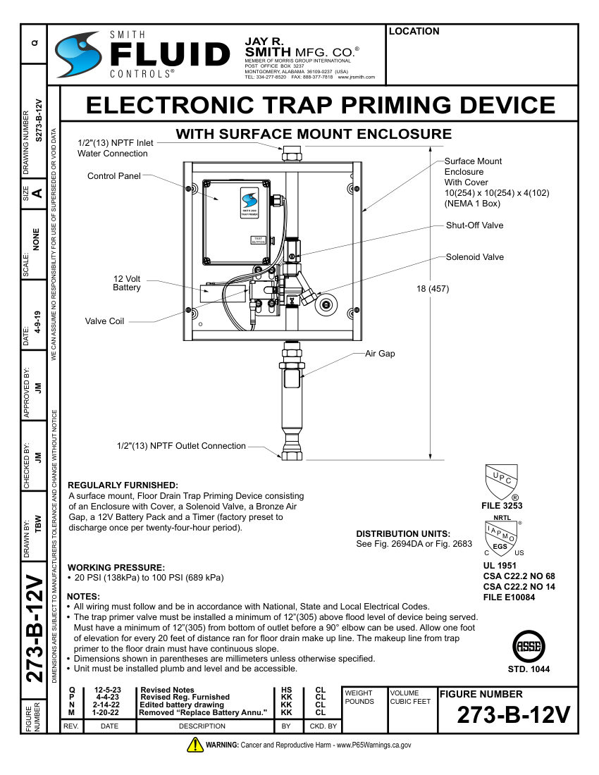 Jay R. Smith 273-B-12V Trap Primer - Jay R. Smith Mfg. Co. cut sheet — first page