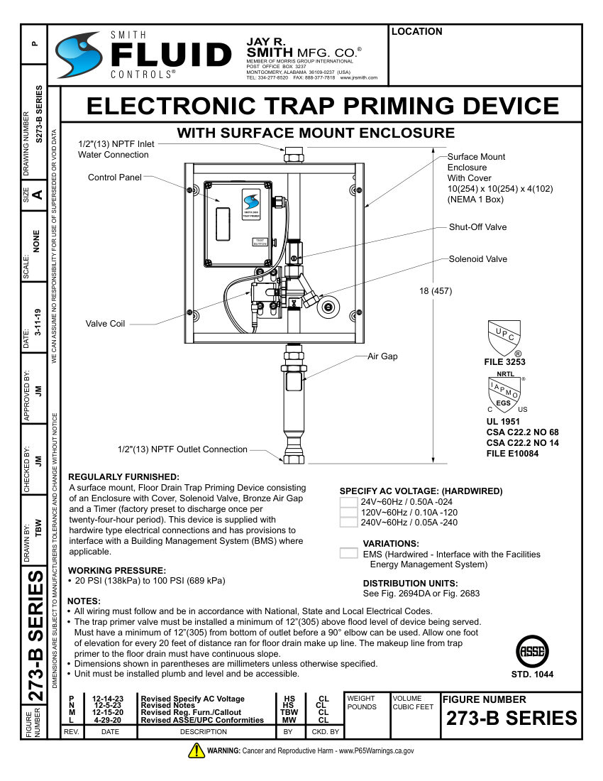 Jay R. Smith 273-B Trap Primer - Jay R. Smith Mfg. Co. cut sheet — first page