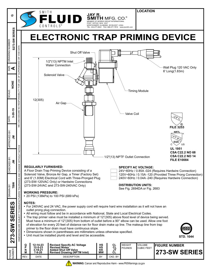 Jay R. Smith 273-SW Trap Primer - Jay R. Smith Mfg. Co. cut sheet — first page