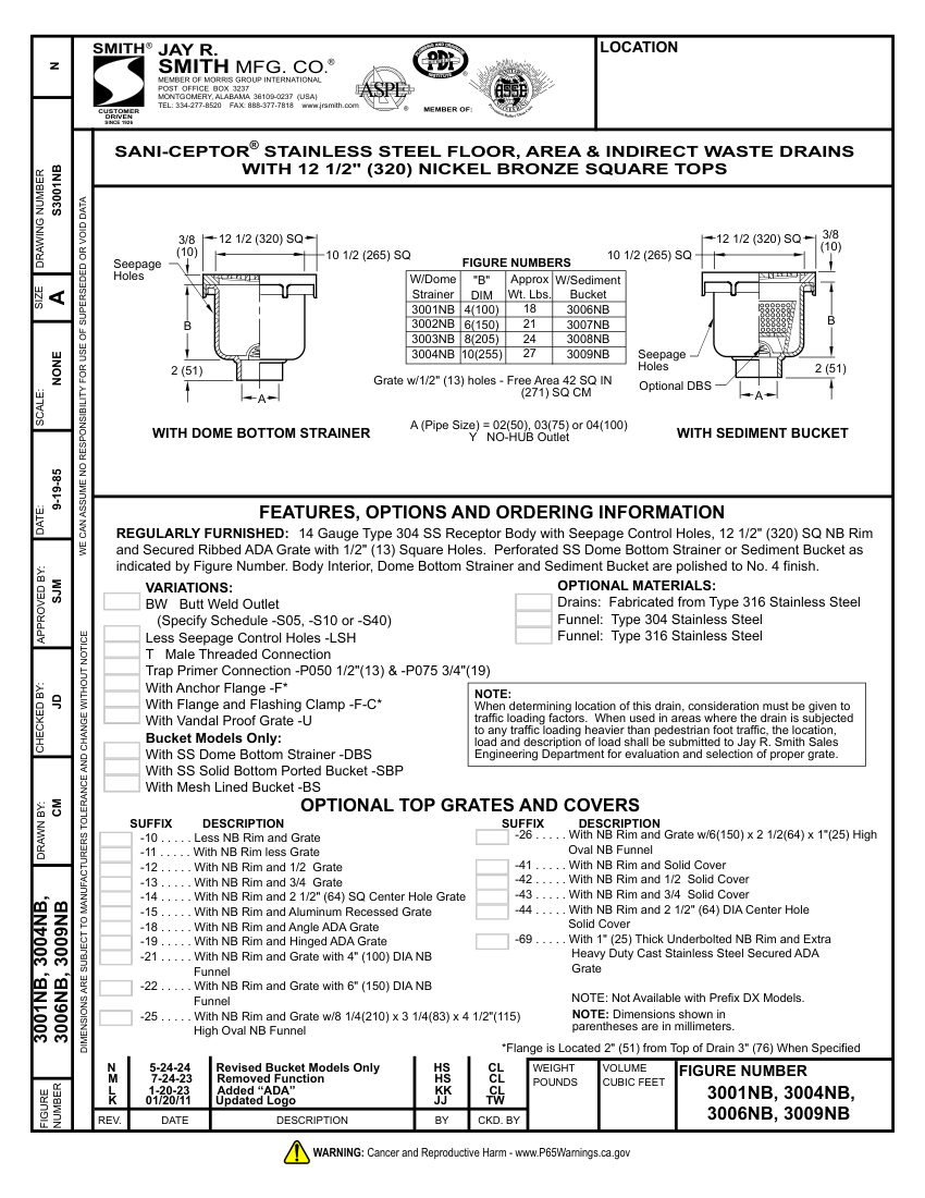 Jay R. Smith 3001NB-3009NB Waste Drain cut sheet — first page