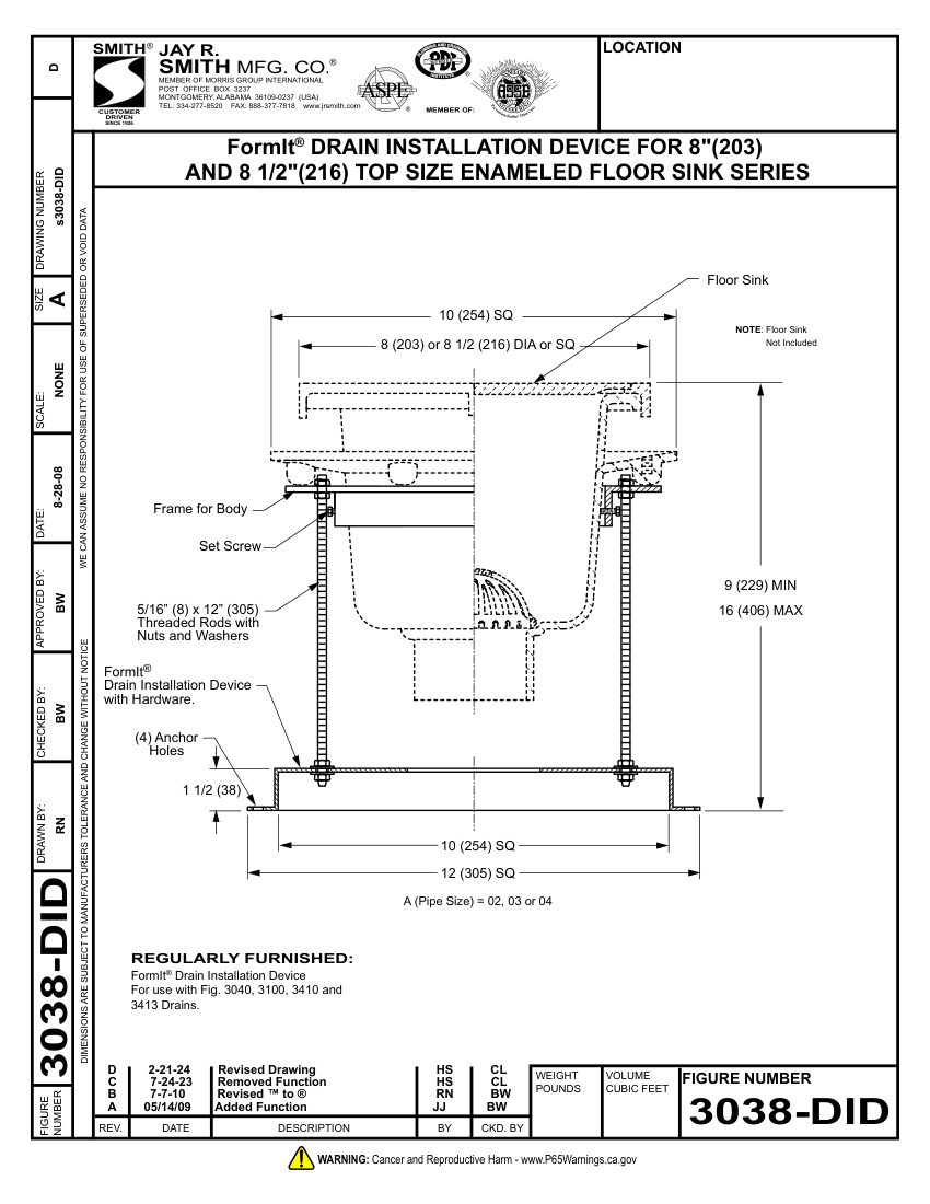 Jay R. Smith 3038-DID Drain - Jay R. Smith Mfg. Co. cut sheet — first page
