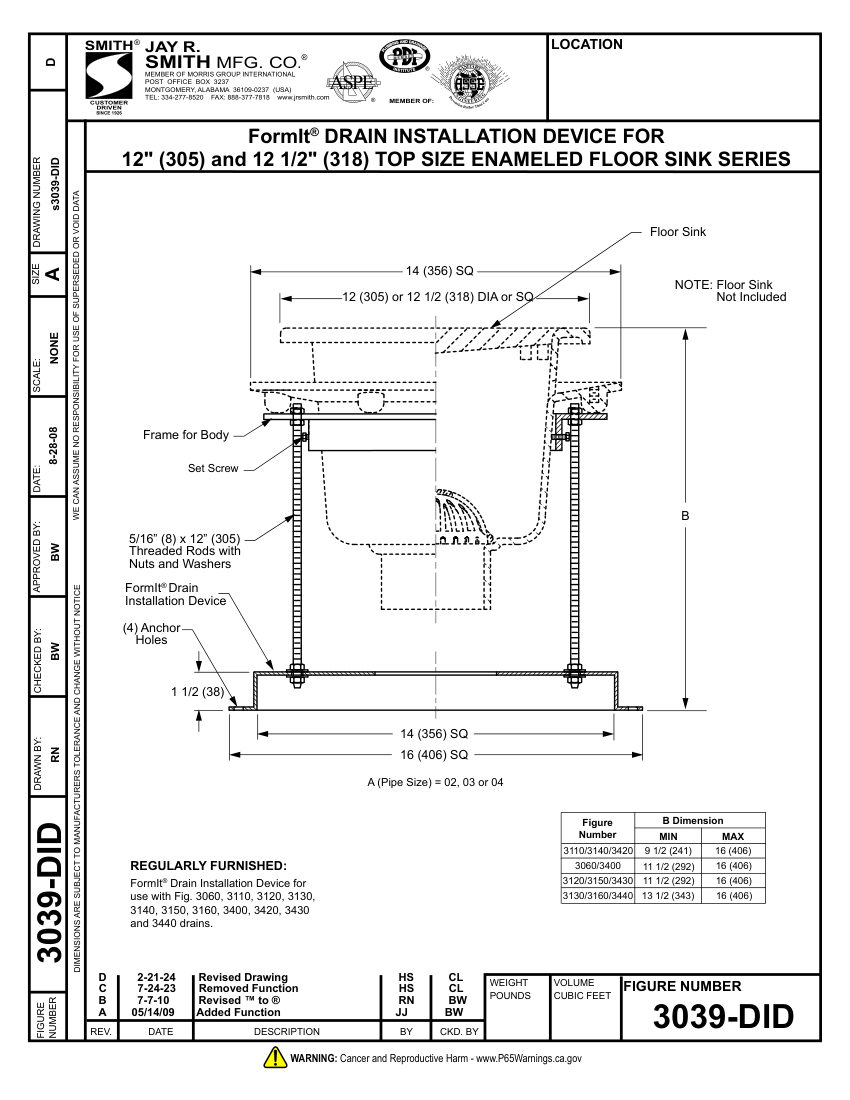 Jay R. Smith 3039-DID Drain - Jay R. Smith Mfg. Co. cut sheet — first page