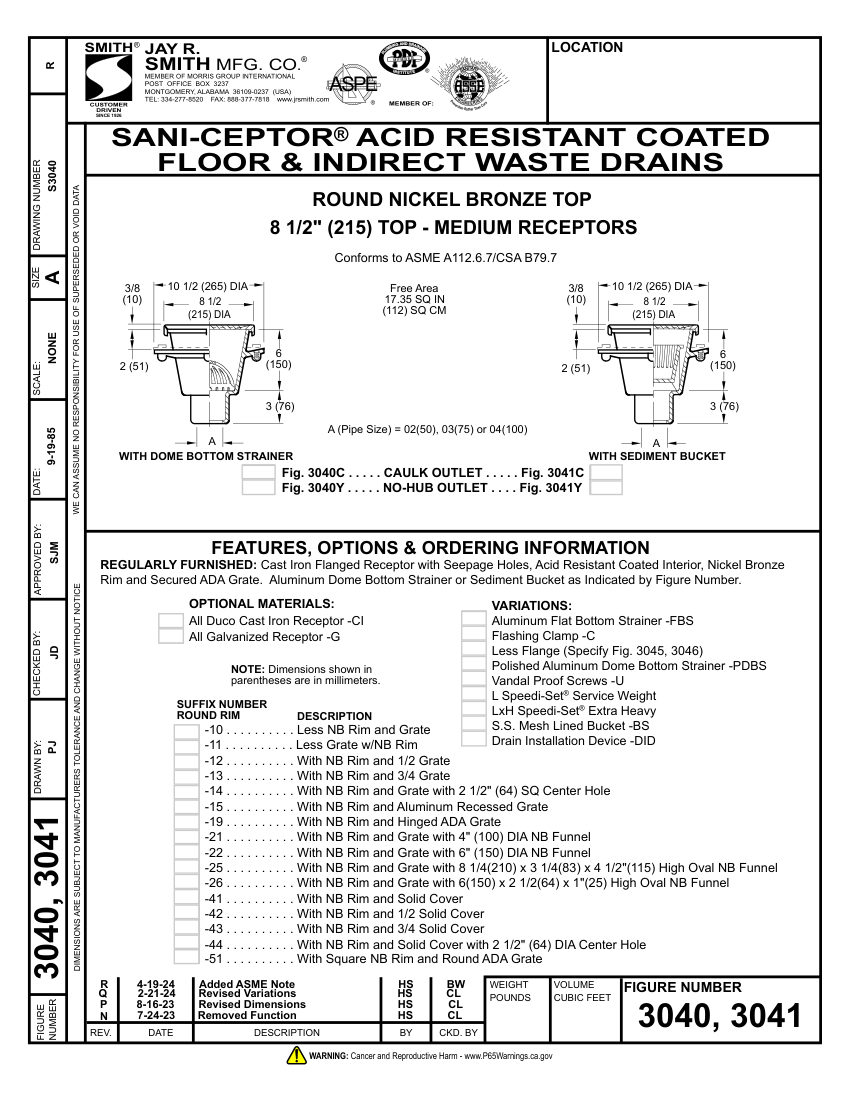 Jay R. Smith 3040 Waste Drain - Jay R. Smith Mfg. Co. cut sheet — first page