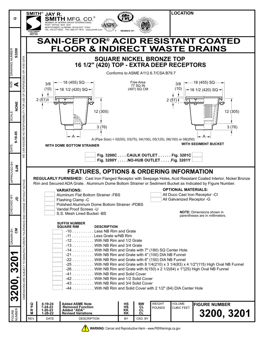 Jay R. Smith 3200, 3201 Waste Drain - Jay R. Smith Mfg. Co. cut sheet — first page