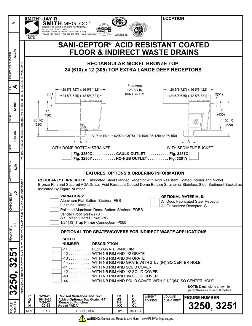 Jay R. Smith 3250, 3251 Waste Drain - Jay R. Smith Mfg. C cut sheet — first page