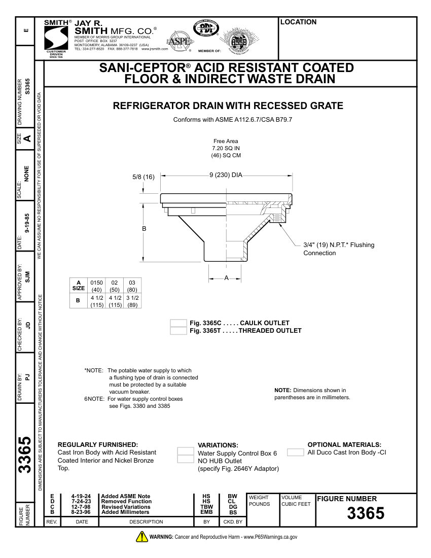 Jay R. Smith 3365 Waste Drain - Jay R. Smith Mfg. Co. cut sheet — first page