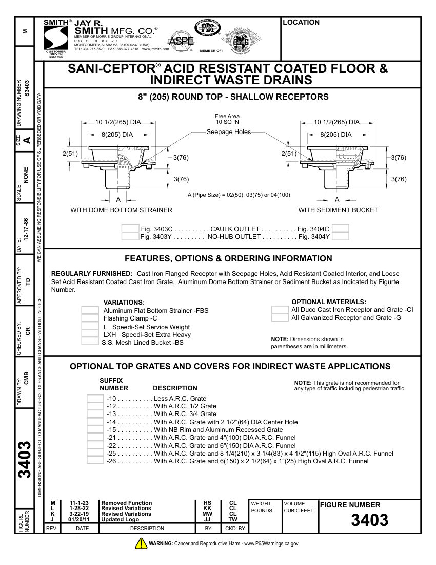 Jay R. Smith 3403, 3404 Sanitary Drain cut sheet — first page