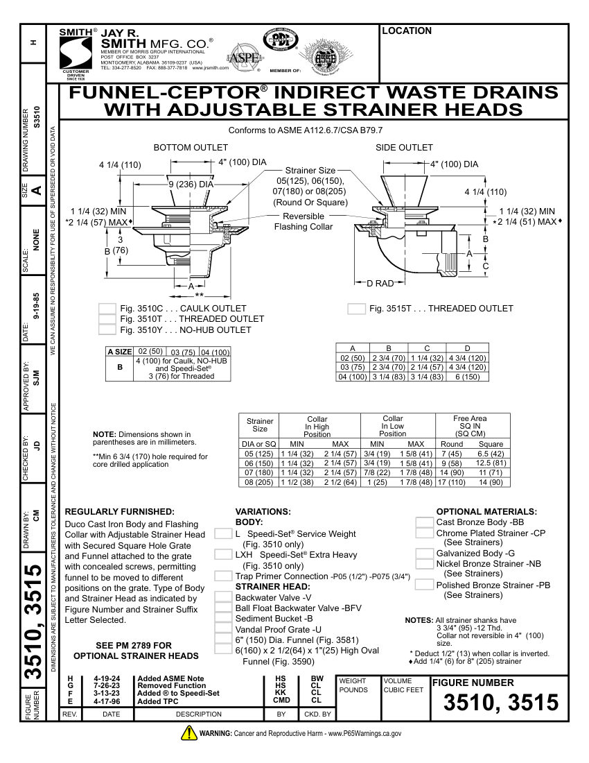 Jay R. Smith 3510, 3511 Drain - Jay R. Smith Mfg. Co. cut sheet — first page