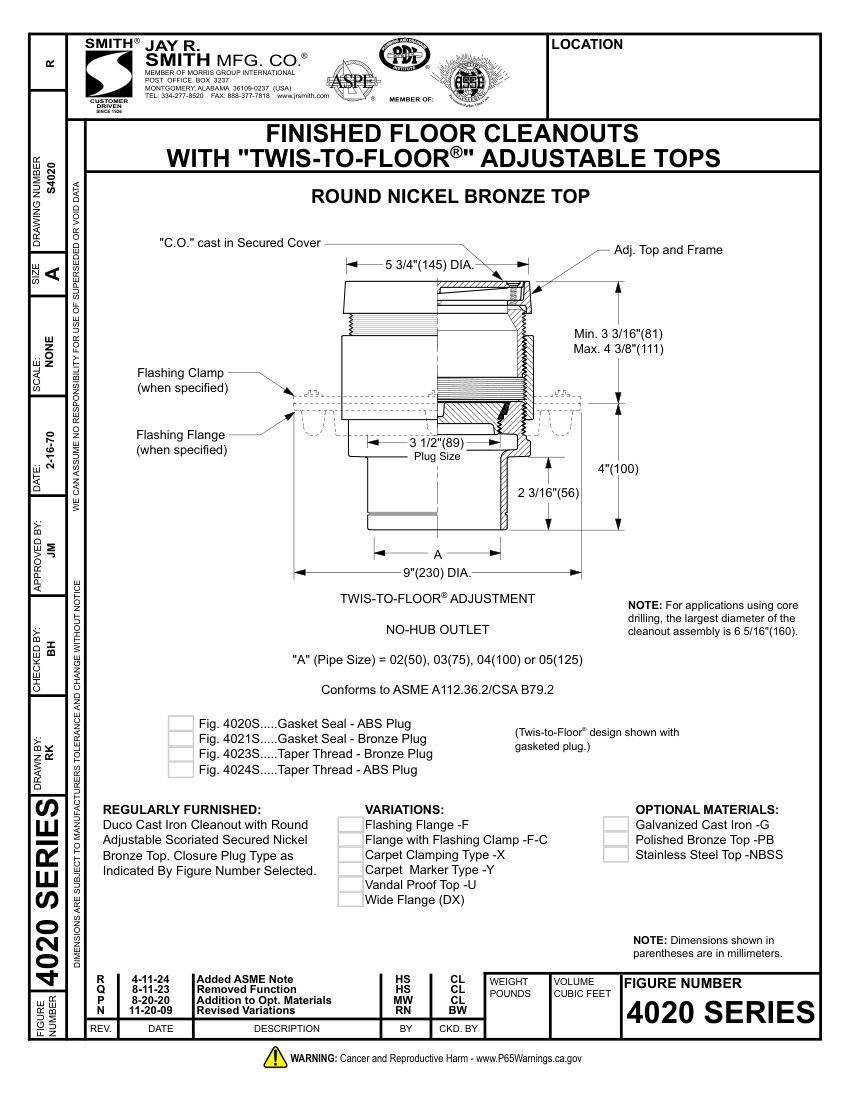Jay R. Smith 4020, 4023 Cleanout - Jay R. Smith Mfg. Co. cut sheet — first page