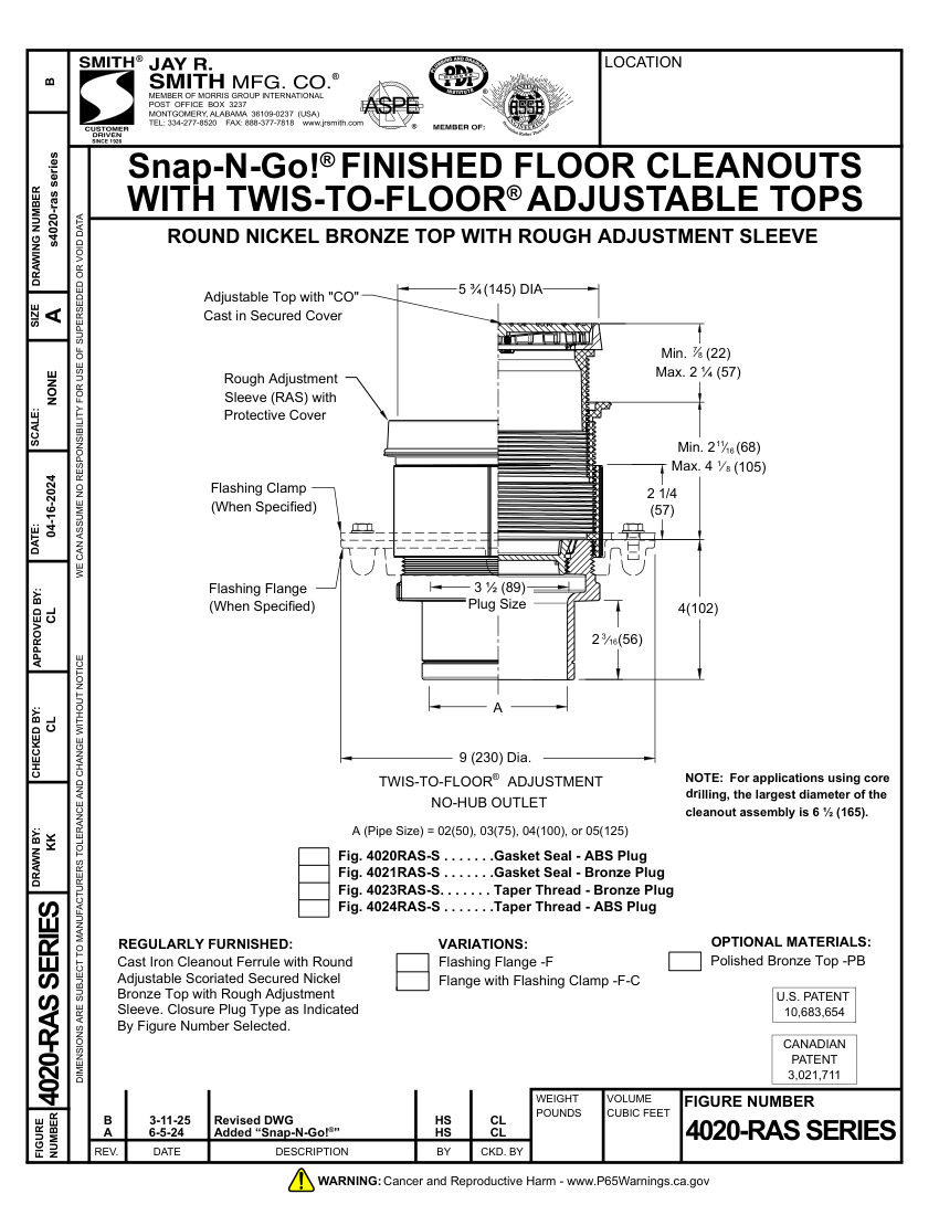 Jay R. Smith 4020RAS-S thru 4024RAS-S Cleanout - Jay R. S cut sheet — first page
