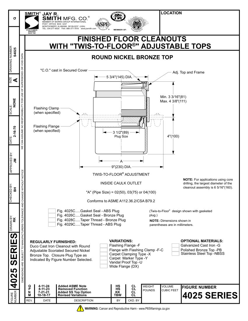 Jay R. Smith 4025 Cleanout - Jay R. Smith Mfg. Co. cut sheet — first page